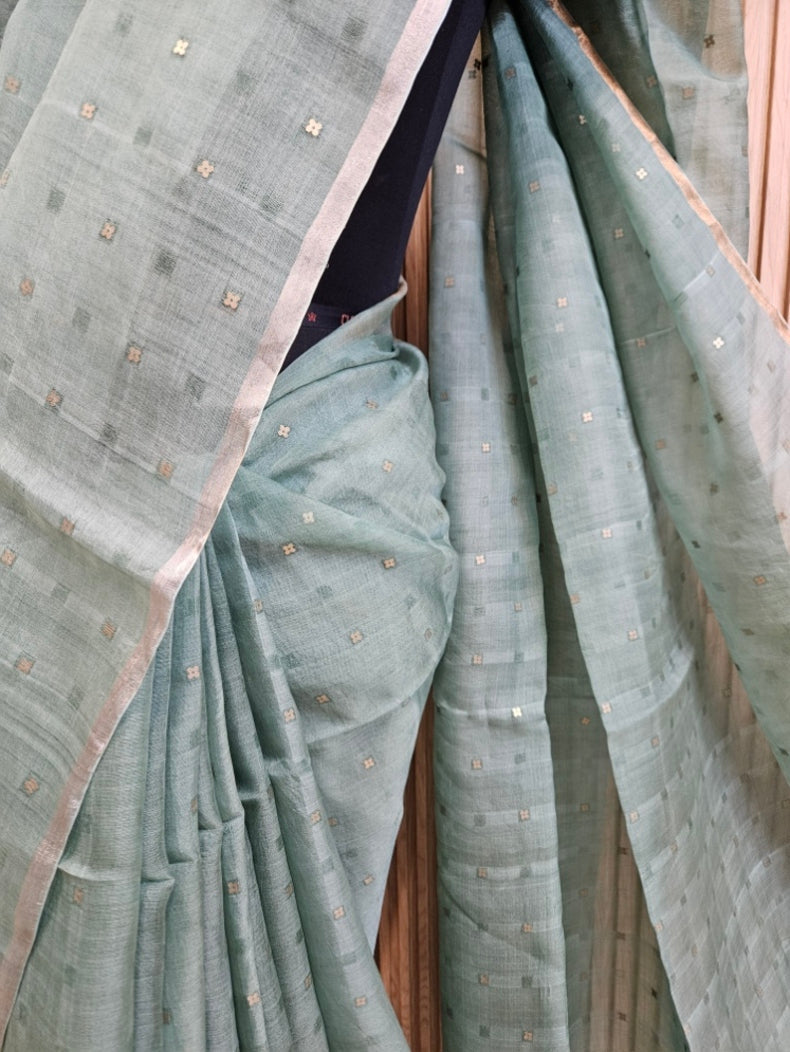 Handloom Muslin Silk Saree with Silver & Golden Zari Ganga Jamuna Border Balaram Saha