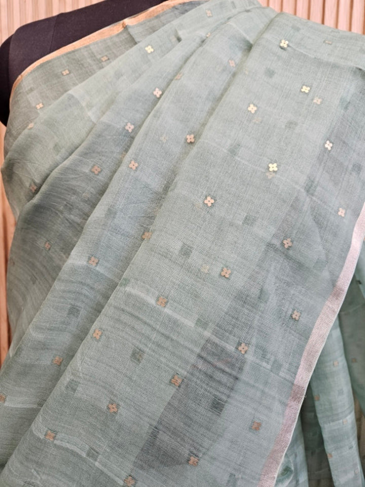Handloom Muslin Silk Saree with Silver & Golden Zari Ganga Jamuna Border Balaram Saha