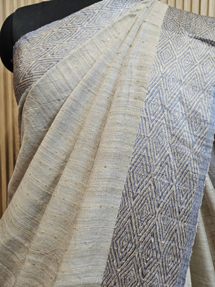 Light Grey Handloom Matka Silk Saree with Grey Woven Border & Sequins Woven Body Balaram Saha
