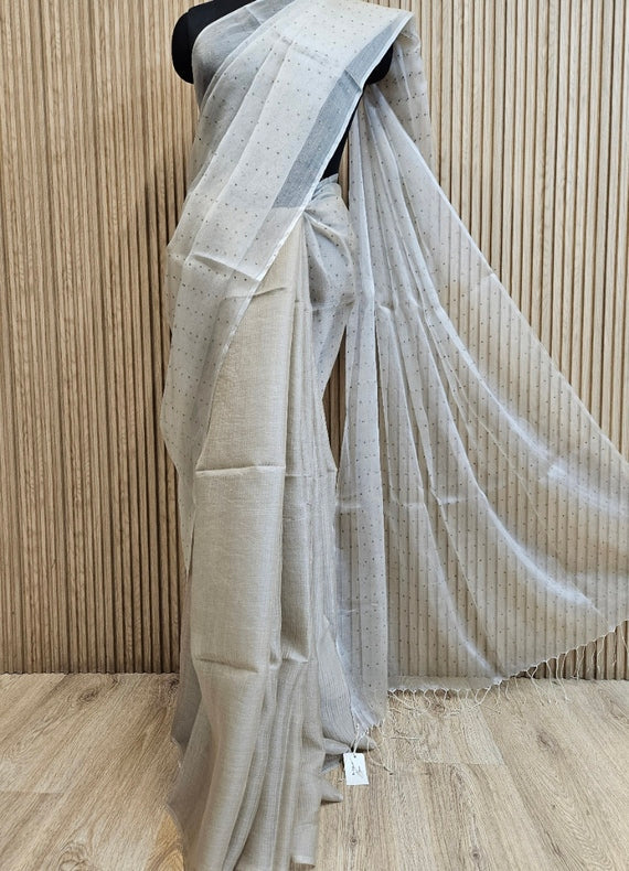 Light Grey Muslin Silk Saree with Self Stripes & Sequins Woven Design Balaram Saha