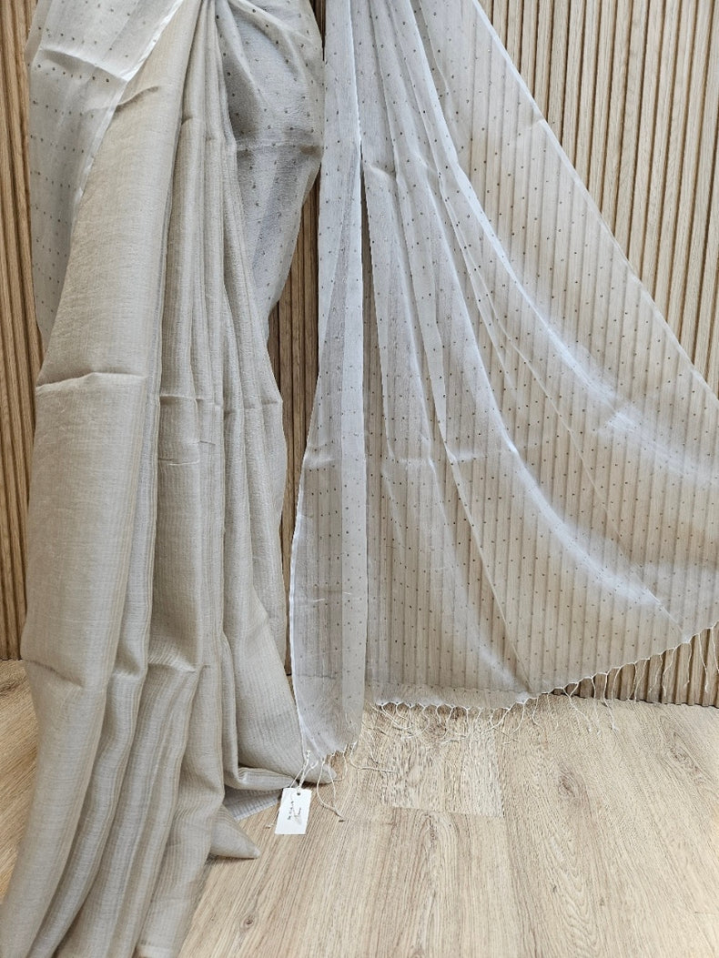Light Grey Muslin Silk Saree with Self Stripes & Sequins Woven Design Balaram Saha