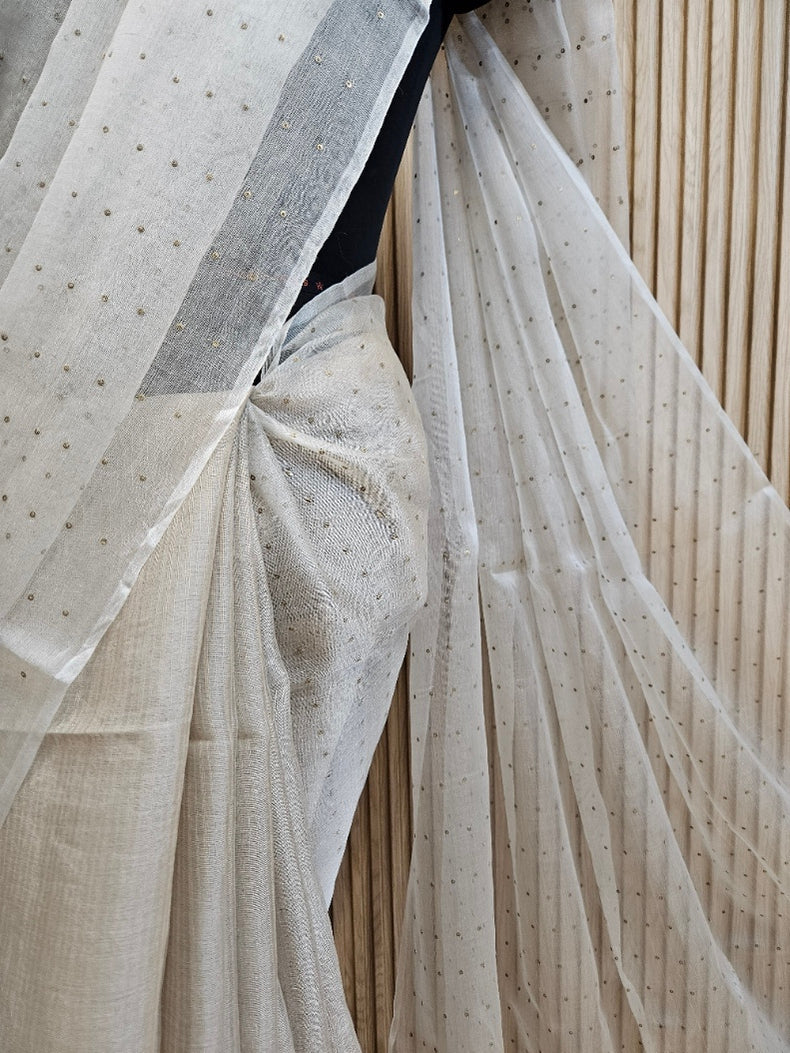 Light Grey Muslin Silk Saree with Self Stripes & Sequins Woven Design Balaram Saha