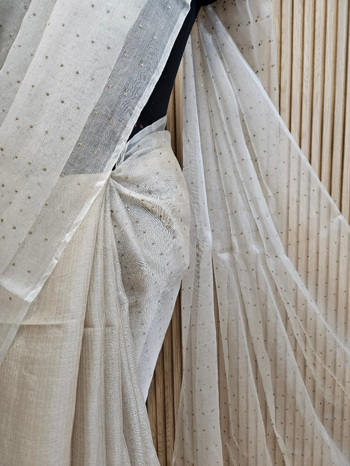 Light Grey Muslin Silk Saree with Self Stripes & Sequins Woven Design Balaram Saha