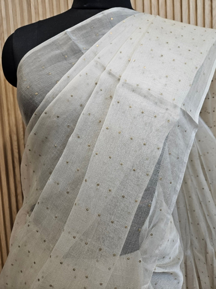 Light Grey Muslin Silk Saree with Self Stripes & Sequins Woven Design Balaram Saha