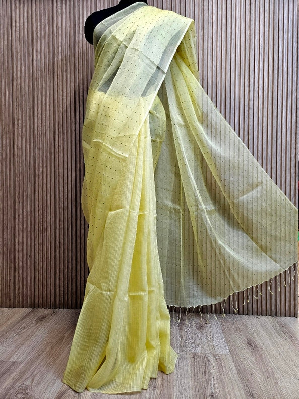 Light Yellow Muslin Silk Saree with Self Stripes & Sequins Woven Design Balaram Saha