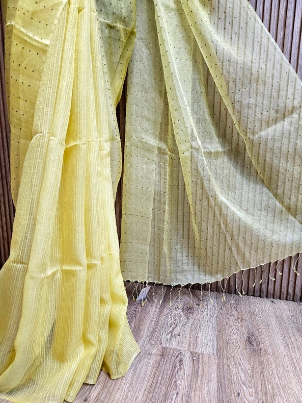 Light Yellow Muslin Silk Saree with Self Stripes & Sequins Woven Design Balaram Saha