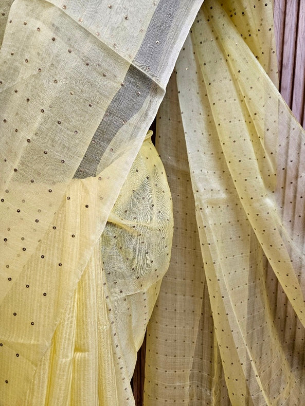 Light Yellow Muslin Silk Saree with Self Stripes & Sequins Woven Design Balaram Saha