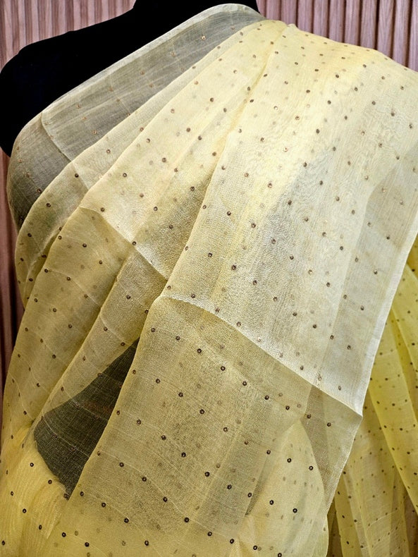 Light Yellow Muslin Silk Saree with Self Stripes & Sequins Woven Design Balaram Saha