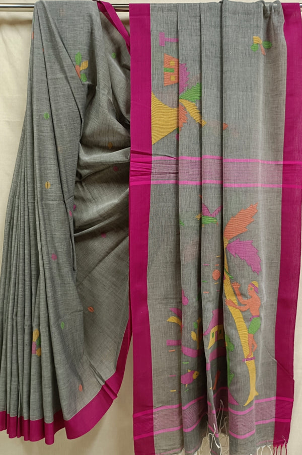 Grey & Purple Soft handloom Cotton Jamdani saree Balaram Saha