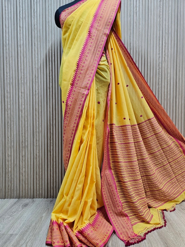 Yeloow and Magenta Soft Handloom Cotton Saree by Balaram Saha Balaram Saha