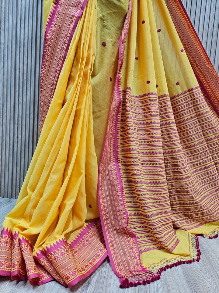 Yeloow and Magenta Soft Handloom Cotton Saree by Balaram Saha Balaram Saha
