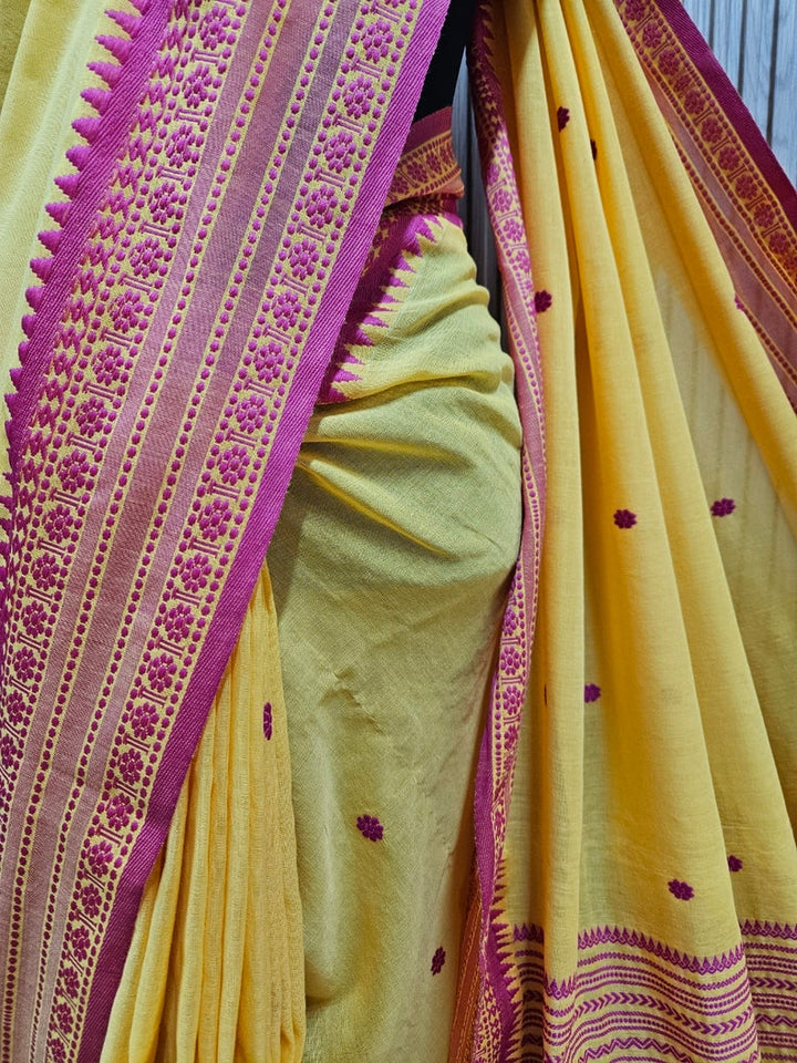 Yeloow and Magenta Soft Handloom Cotton Saree by Balaram Saha Balaram Saha