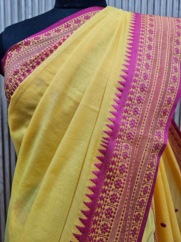 Yeloow and Magenta Soft Handloom Cotton Saree by Balaram Saha Balaram Saha