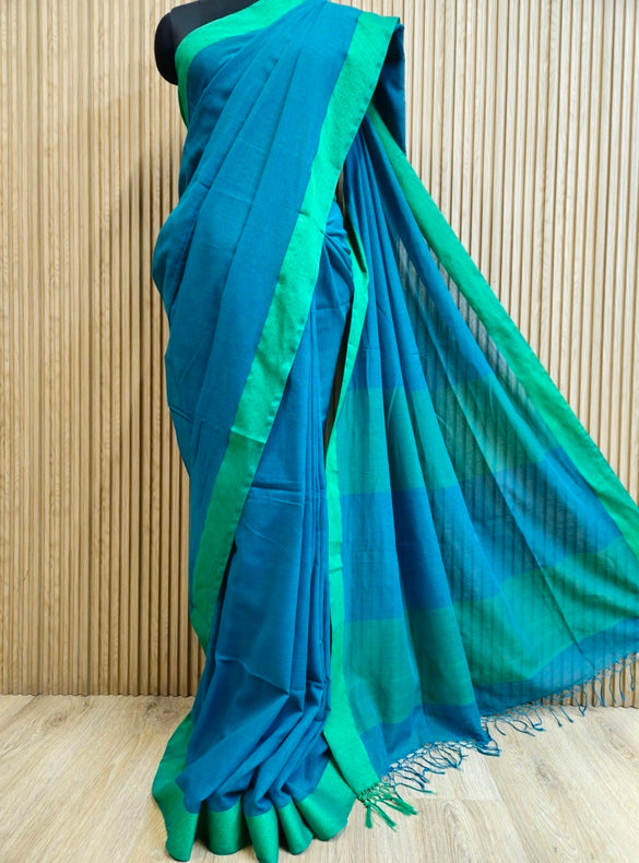 Beauty: Blue & Green Checks Cotton Saree by Balaram Saha Balaram Saha