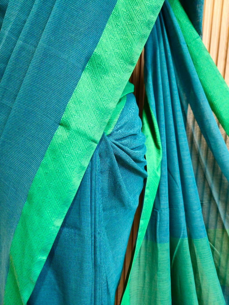 Beauty: Blue & Green Checks Cotton Saree by Balaram Saha Balaram Saha