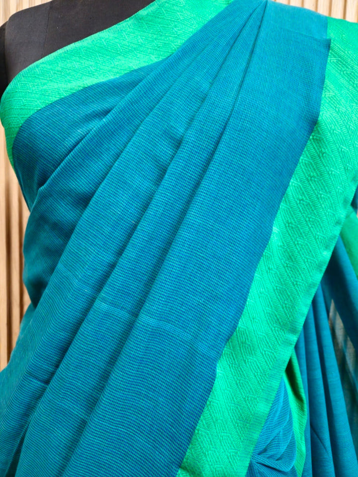 Beauty: Blue & Green Checks Cotton Saree by Balaram Saha Balaram Saha