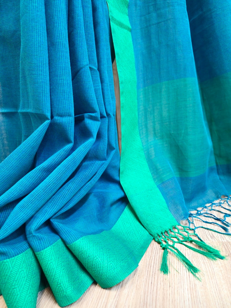 Beauty: Blue & Green Checks Cotton Saree by Balaram Saha Balaram Saha