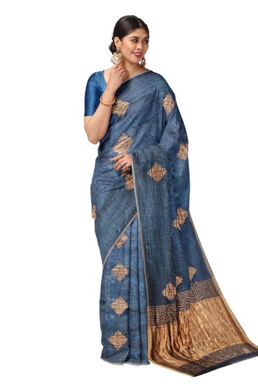 Peacock Blue and Golden Zari Soft Handwoven Muslin Silk Saree Balaram Saha