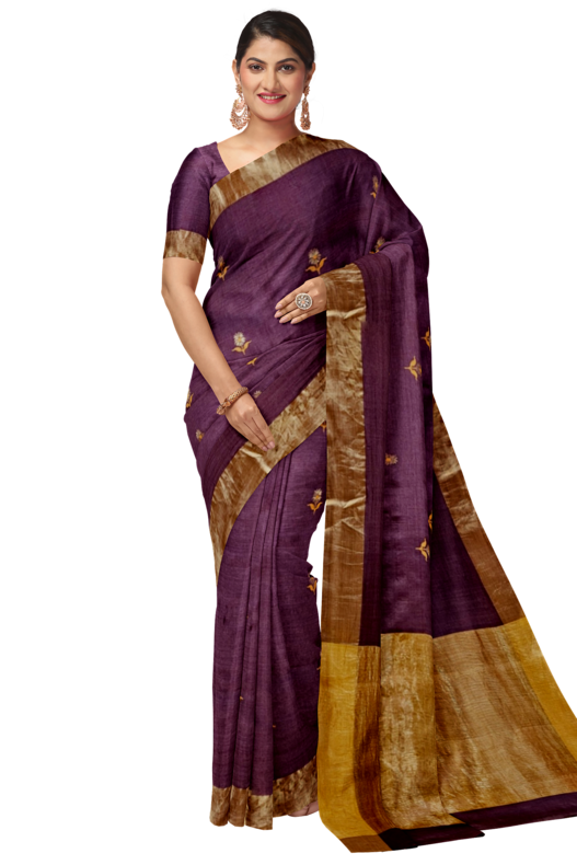 Plum & Golden Zari Handloom Soft Khadi Tussar Silk Saree Balaram Saha