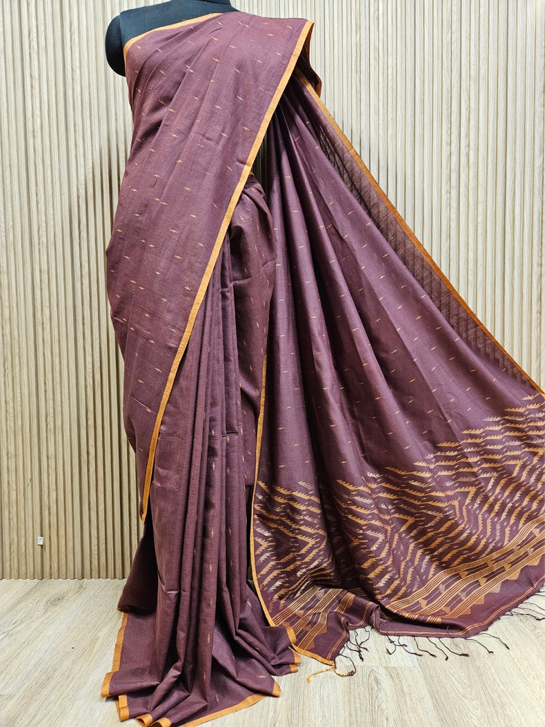 Plum & Mustard Soft Handloom Handwoven Tussar Silk Jamdani Saree Balaram Saha