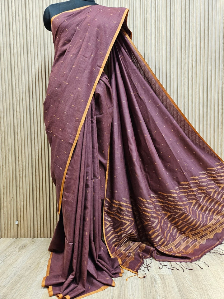 Plum & Mustard Soft Handloom Handwoven Tussar Silk Jamdani Saree Balaram Saha