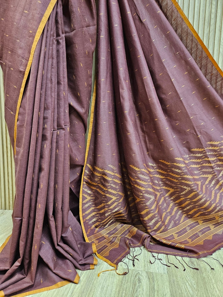 Plum & Mustard Soft Handloom Handwoven Tussar Silk Jamdani Saree Balaram Saha