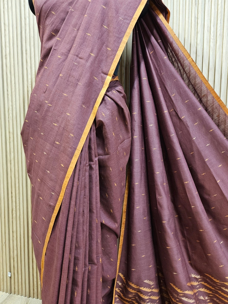 Plum & Mustard Soft Handloom Handwoven Tussar Silk Jamdani Saree Balaram Saha