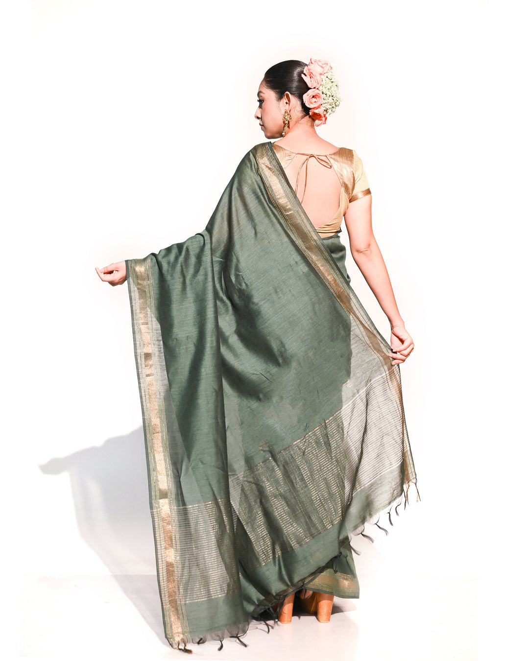Bottle Green & Gold Handloom Tussar Silk Saree with Woven Zari Border & Aanchal Balaram Saha