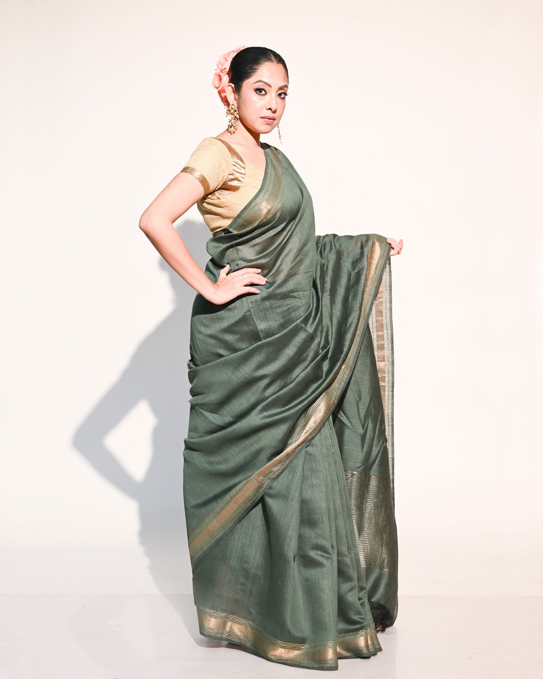 Bottle Green & Gold Handloom Tussar Silk Saree with Woven Zari Border & Aanchal Balaram Saha