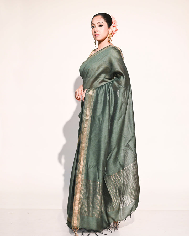 Bottle Green & Gold Handloom Tussar Silk Saree with Woven Zari Border & Aanchal Balaram Saha