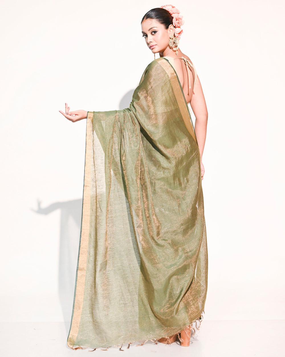 Olive Green & Gold Linen Tissue Saree with Plain Gold Zari Border & Aanchal Balaram Saha