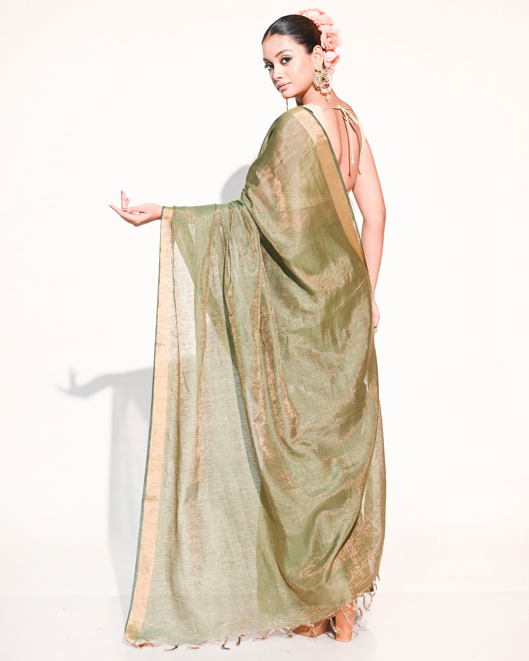 Olive Green & Gold Linen Tissue Saree with Plain Gold Zari Border & Aanchal Balaram Saha