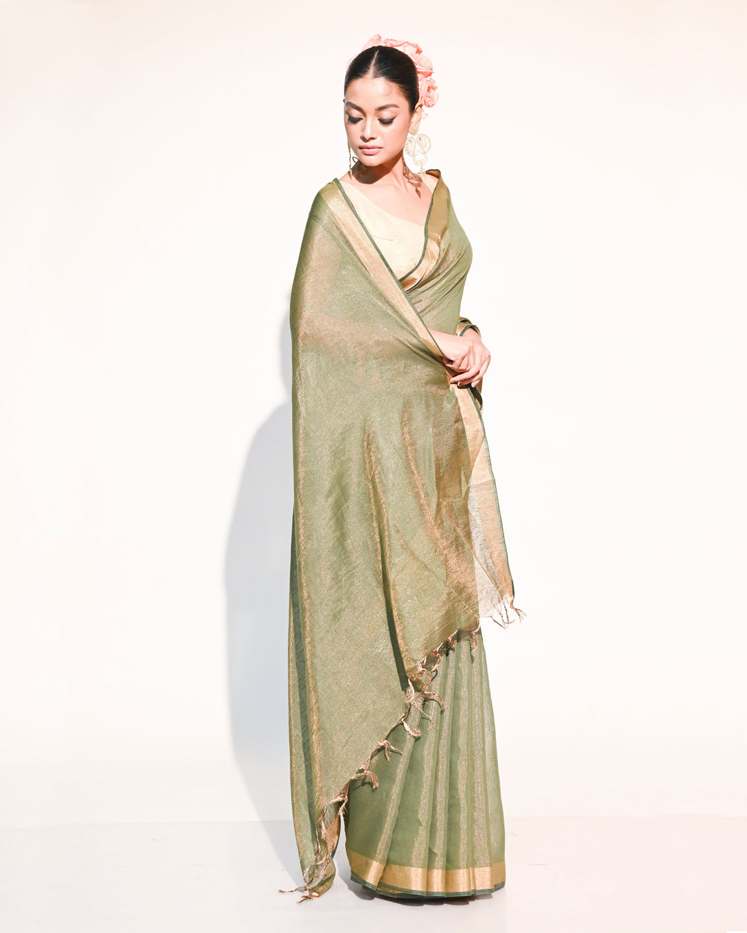 Olive Green & Gold Linen Tissue Saree with Plain Gold Zari Border & Aanchal Balaram Saha