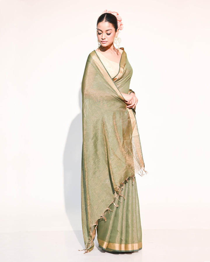 Olive Green & Gold Linen Tissue Saree with Plain Gold Zari Border & Aanchal Balaram Saha