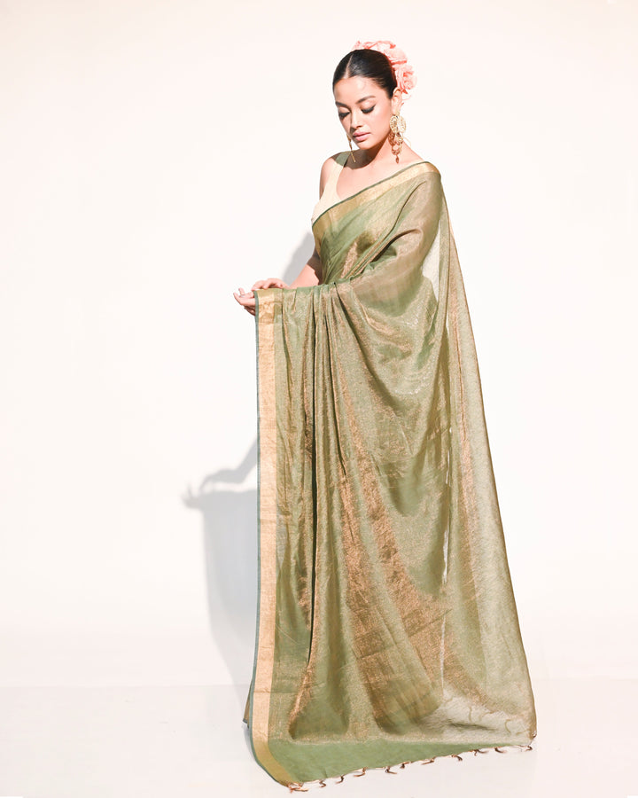 Olive Green & Gold Linen Tissue Saree with Plain Gold Zari Border & Aanchal Balaram Saha