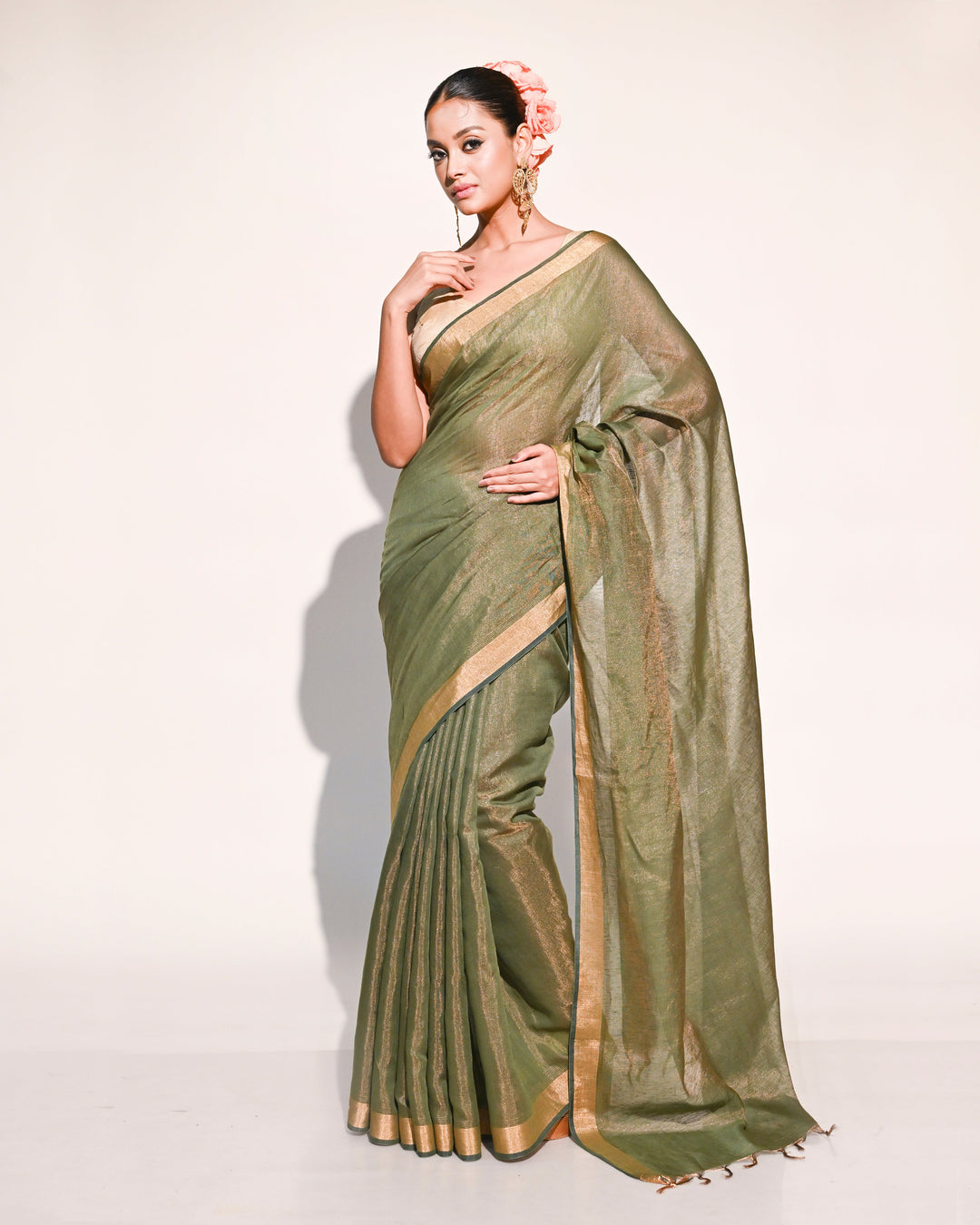 Olive Green & Gold Linen Tissue Saree with Plain Gold Zari Border & Aanchal Balaram Saha
