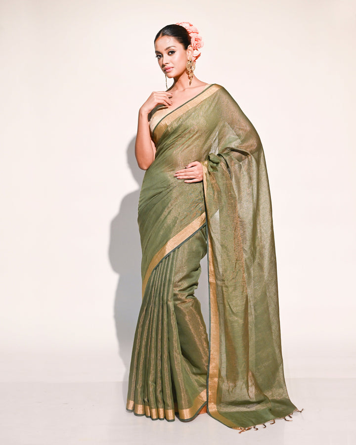 Olive Green & Gold Linen Tissue Saree with Plain Gold Zari Border & Aanchal Balaram Saha
