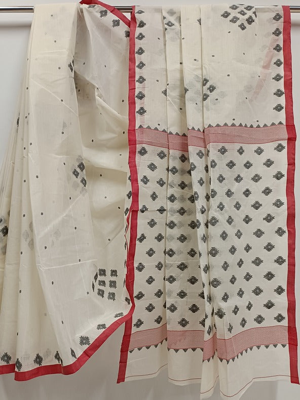 White & Red Handloom Handwoven Cotton Jamdani Saree with Black Motif Balaram Saha