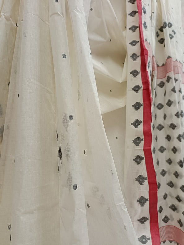 White & Red Handloom Handwoven Cotton Jamdani Saree with Black Motif Balaram Saha