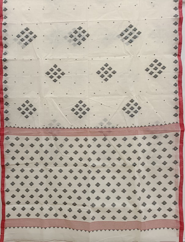 White & Red Handloom Handwoven Cotton Jamdani Saree with Black Motif Balaram Saha