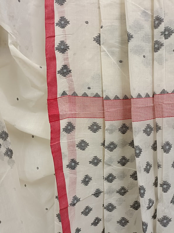 White & Red Handloom Handwoven Cotton Jamdani Saree with Black Motif Balaram Saha