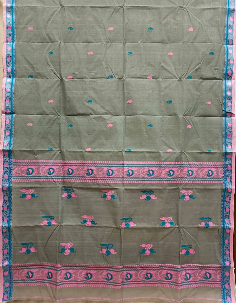 Grey & Pink/Blue Handloom Tradition Tangail Cotton Saree Balaram Saha