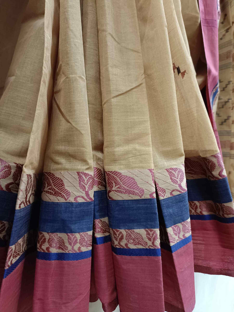 Beige Handloom Traditional Cotton Saree With Maroon/Blue Border Balaram Saha