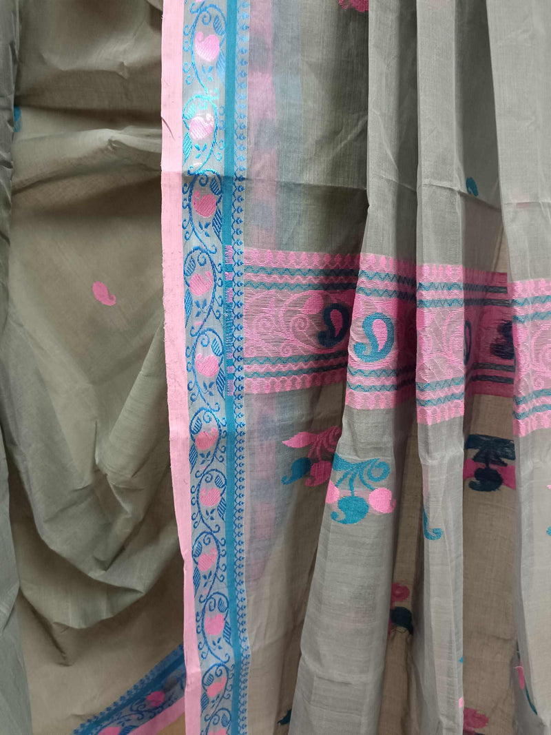 Grey & Pink/Blue Handloom Tradition Tangail Cotton Saree Balaram Saha