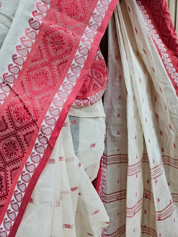 Off-White & Red Handloom Traditional Tangail Cotton Saree Balaram Saha