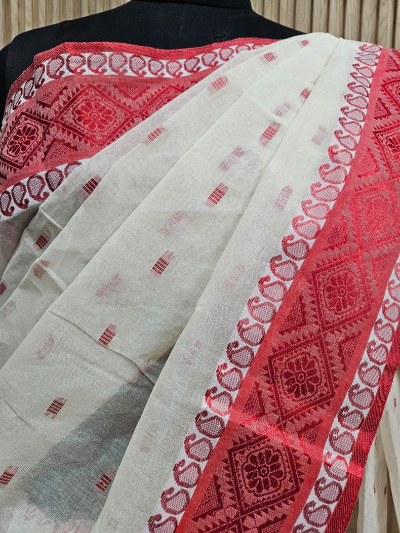 Off-White & Red Handloom Traditional Tangail Cotton Saree Balaram Saha