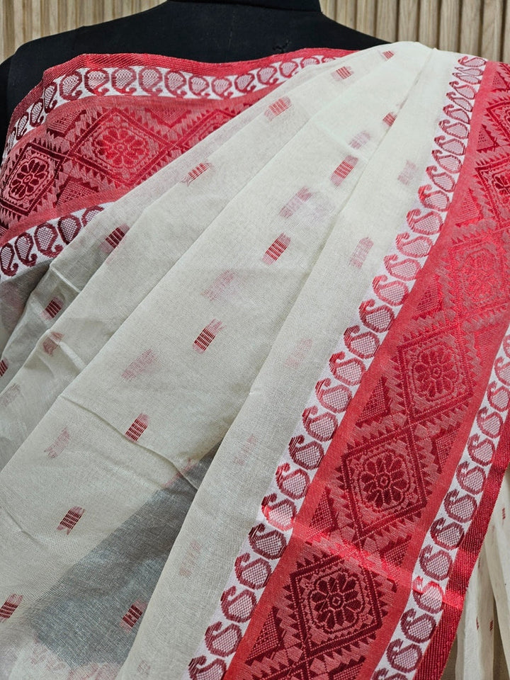 Off-White & Red Handloom Traditional Tangail Cotton Saree Balaram Saha