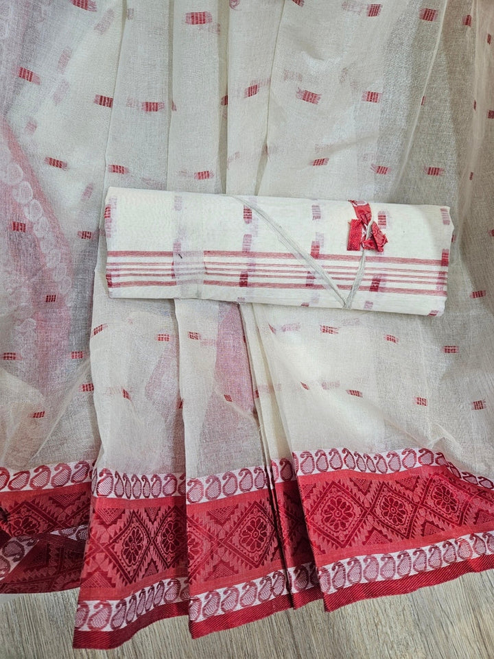 Off-White & Red Handloom Traditional Tangail Cotton Saree Balaram Saha