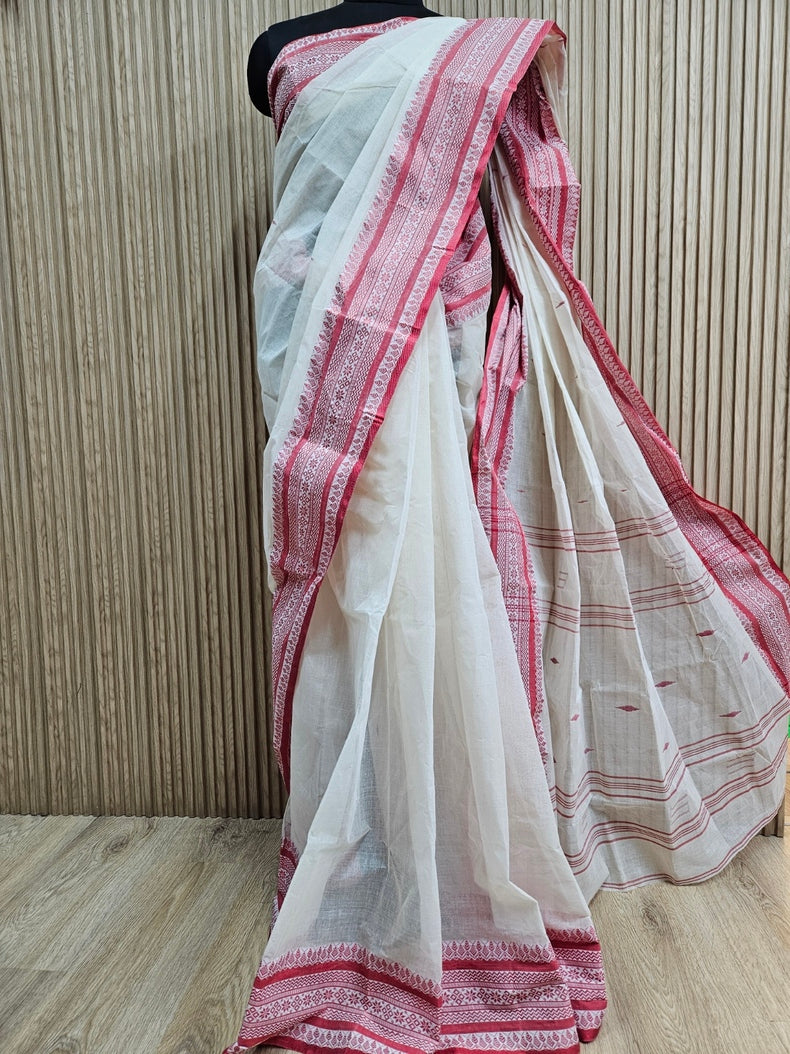 Off-White & Red Handloom Traditional Cotton Saree Balaram Saha