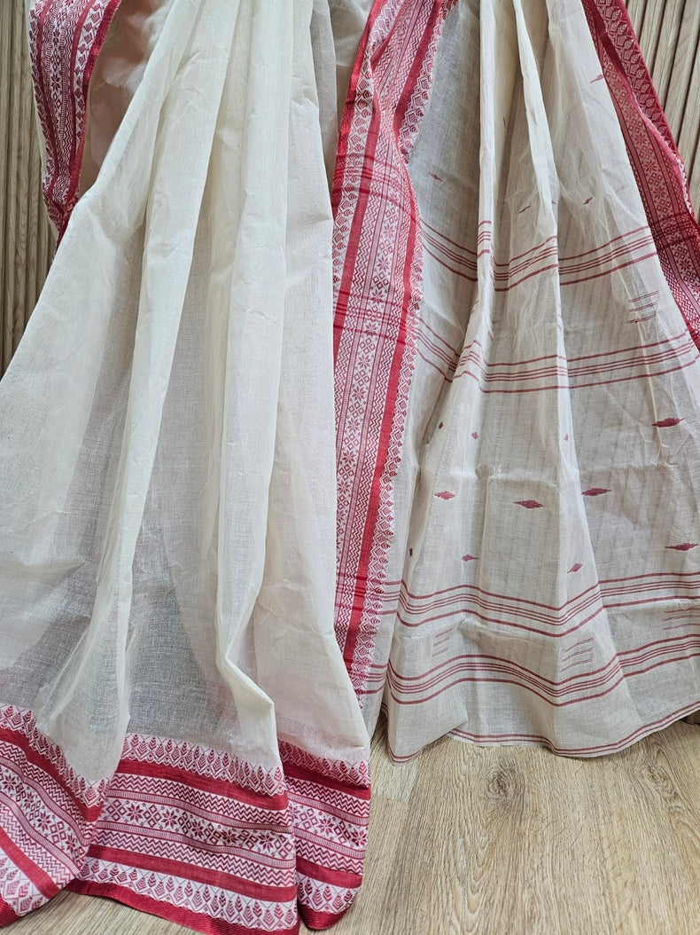Off-White & Red Handloom Traditional Cotton Saree Balaram Saha